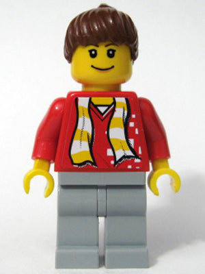 Preowned LEGO® Minifigure – Sports soc115s Soccer Fan Red Sand Blue Legs Striped Scarf and