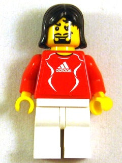 Preowned LEGO® Minifigure – Sports soc133s Soccer Player Red Adidas Logo Red and White Tors