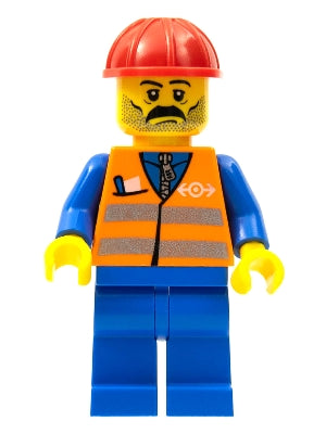 Preowned LEGO® Minifigure – Train trn001 Orange Vest w/Safety Stripes Blue Legs Moustache R
