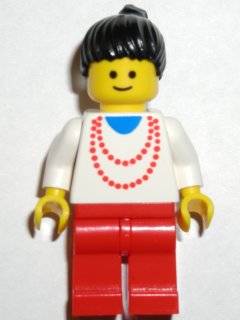 Preowned LEGO® Minifigure – Town trn003 Necklace Red Red Legs Black Ponytail Hair