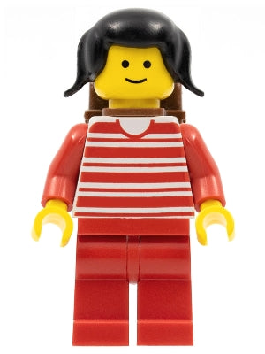 Preowned LEGO® Minifigure – Town trn009 Horizontal Lines Red Red Arms Red Legs Black Pigtai