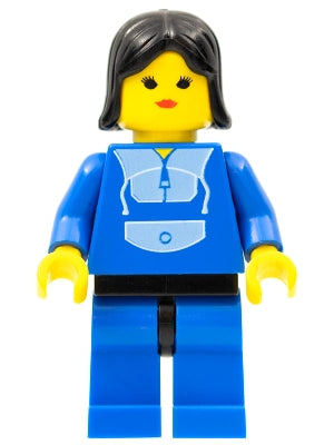 Preowned LEGO® Minifigure – Town trn014 Jogging Suit Blue Legs w/Black Hips Black Female Ha