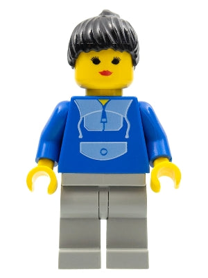 Preowned LEGO® Minifigure – Town trn015 Jogging Suit Light Gray Legs Black Ponytail Hair Cl