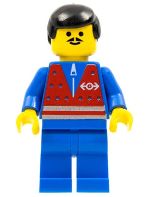 LEGO® Minifigure Train trn072 Red Vest and Zipper Blue Legs Black Male Hair