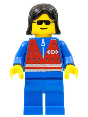 Preowned LEGO® Minifigure – Train trn073 Red Vest and Zipper Blue Legs Black Female Hair