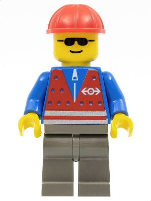 Preowned LEGO® Minifigure – Train trn081 Red Vest and Zipper Dark Gray Legs Red Constructio