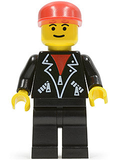 Preowned LEGO® Minifigure – Town trn086 Leather Jacket w/Zippers Black Legs Red Cap