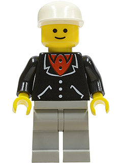 Preowned LEGO® Minifigure – Town trn096 Suit w/3 Buttons Black Light Gray Legs White Cap