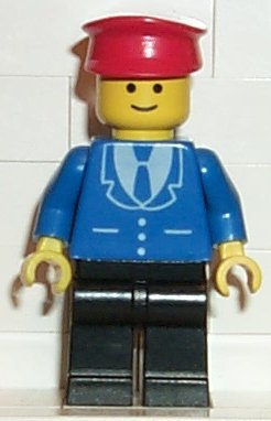 Preowned LEGO® Minifigure – Town trn099 Suit w/3 Buttons Blue Black Legs Red Hat