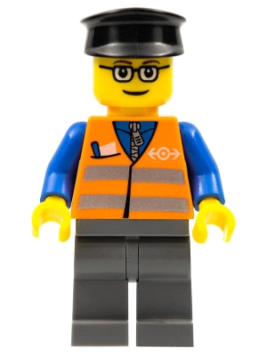 Preowned LEGO® Minifigure – Train trn120 Orange Vest w/Safety Stripes Dark Bluish Gray Legs