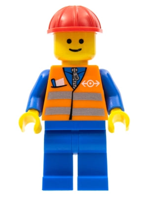 Preowned LEGO® Minifigure – Train trn121 Orange Vest w/Safety Stripes Blue Legs Red Constru