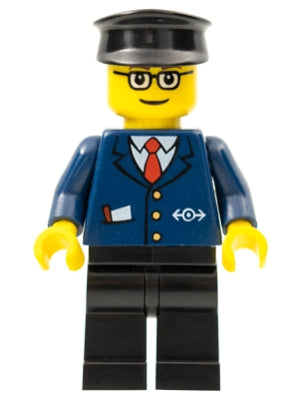 Preowned LEGO® Minifigure – Train trn128 Dark Blue Suit w/Train Logo Black Legs Brown Eyebr