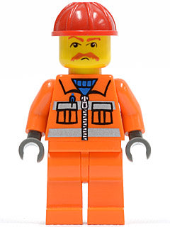 Preowned LEGO® Minifigure – Train trn129a Orange Vest w/Safety Stripes Orange Legs Red Cons