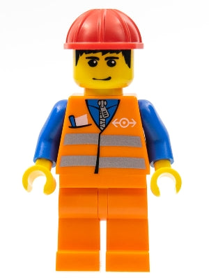 Preowned LEGO® Minifigure – Train trn132 Orange Vest w/Safety Stripes Orange Legs Red Const