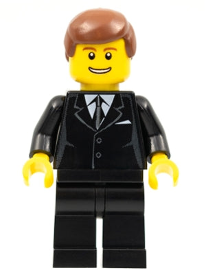 Preowned LEGO® Minifigure – Town trn142 Suit Black Reddish Brown Male Hair Thin Grin w/Teet