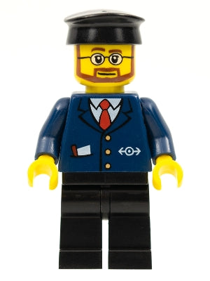 Preowned LEGO® Minifigure – Train trn223 Dark Blue Suit w/Train Logo Black Legs Black Hat B