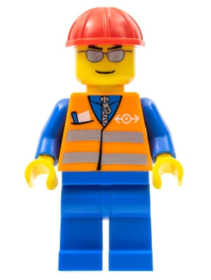 Preowned LEGO® Minifigure – Train trn225 Orange Vest w/Safety Stripes Blue Legs Silver Glas