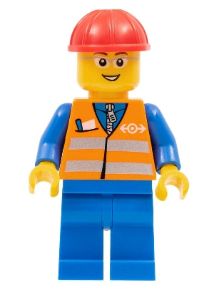 Preowned LEGO® Minifigure – Train trn226 Orange Vest w/Safety Stripes Blue Legs Gray Frame