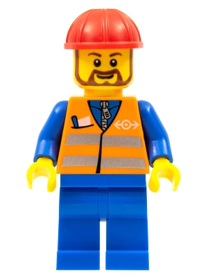 Preowned LEGO® Minifigure – Train trn230 Orange Vest w/Safety Stripes Blue Legs Red Constru