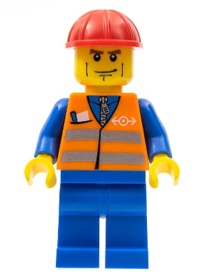 Preowned LEGO® Minifigure – Train trn231 Orange Vest w/Safety Stripes Blue Legs Brown Eyebr
