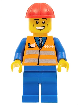 Preowned LEGO® Minifigure – Train trn232 Orange Vest w/Safety Stripes Blue Legs Cheek Lines