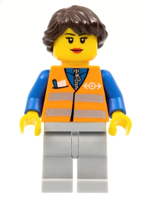 Preowned LEGO® Minifigure – Train trn233 Orange Vest w/Safety Stripes Light Bluish Gray Leg