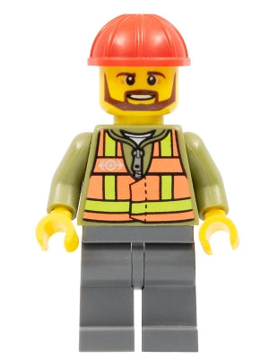 Preowned LEGO® Minifigure – Train trn235 Light Orange Safety Vest Dark Bluish Gray Legs Red