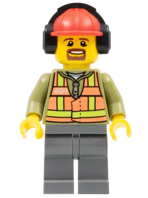 Preowned LEGO® Minifigure – Train trn238 Light Orange Safety Vest Dark Bluish Gray Legs Red