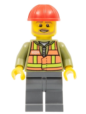 Preowned LEGO® Minifigure – Train trn239 Light Orange Safety Vest Dark Bluish Gray Legs Red