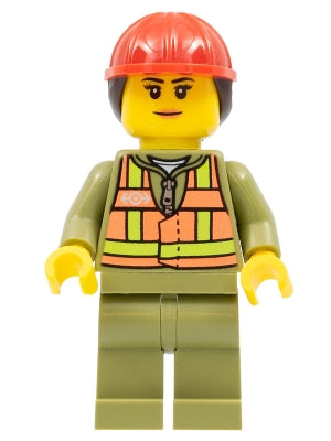 Preowned LEGO® Minifigure – Train trn246 Train Worker Female Orange Safety Vest w/Lime Stra