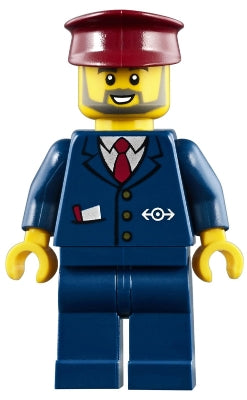Preowned LEGO® Minifigure – Town trn248 Dark Blue Suit w/Train Logo Dark Blue Legs Dark Red
