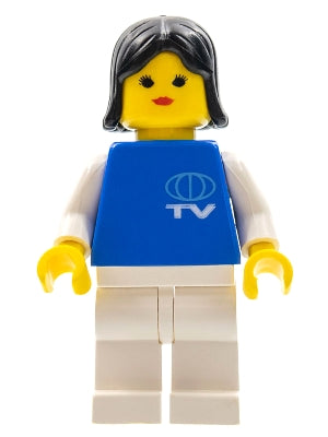 Preowned LEGO® Minifigure – Town tv001 TV Logo Small Pattern White Legs Black Female Hair