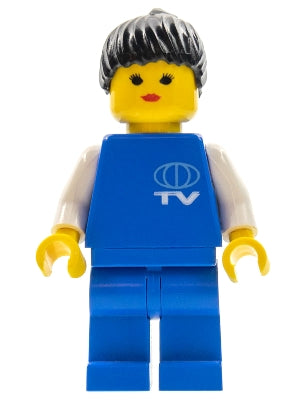 Preowned LEGO® Minifigure – Town tv002 TV Logo Small Pattern Blue Legs Black Ponytail Hair