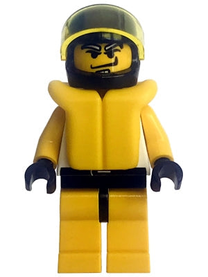 Preowned LEGO® Minifigure – Town twn005a Race Driver Yellow Tiger Standard Helmet Life Jack