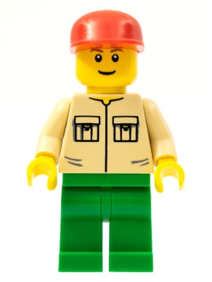 Preowned LEGO® Minifigure – Town twn011 Shirt w/2 Pockets No Collar Green Legs Red Cap