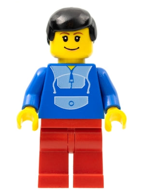 Preowned LEGO® Minifigure – Town twn037 Jogging Suit Red Legs Black Male Hair Wide Smile an