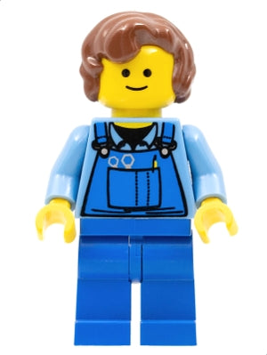 Preowned LEGO® Minifigure – Town twn072 Overalls w/Tools in Pocket Blue Reddish Brown Hair