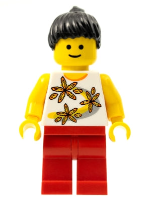 Preowned LEGO® Minifigure – Town twn082 Yellow Flowers Black Ponytail Hair Red Legs