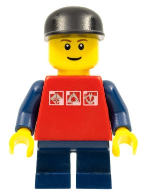 Preowned LEGO® Minifigure – Town twn085 Red Shirt w/3 Silver Logos Dark Blue Arms Dark Blue