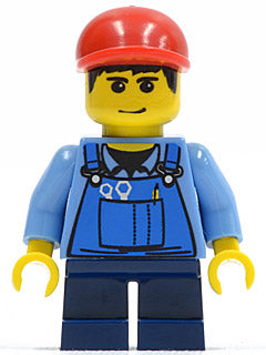 Preowned LEGO® Minifigure – Town twn088 Overalls w/Tools in Pocket Blue Red Short Bill Cap