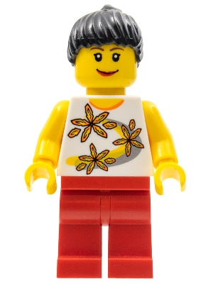 Preowned LEGO® Minifigure – Town twn094 Yellow Flowers Black Ponytail Hair Red Legs Lipstic