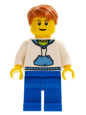 Preowned LEGO® Minifigure – Town twn099 White Hoodie w/Medium Blue Pocket Blue Legs Dark Or