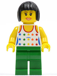 Preowned LEGO® Minifigure – Town twn110 Shirt w/Female Rainbow Stars Pattern Green Legs Bla