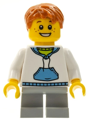 Preowned LEGO® Minifigure – Town twn112 Child Boy White Hoodie w/Medium Blue Pocket Light B