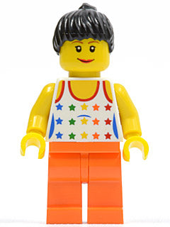 Preowned LEGO® Minifigure – Town twn114 Shirt w/Female Rainbow Stars Pattern Orange Legs Bl