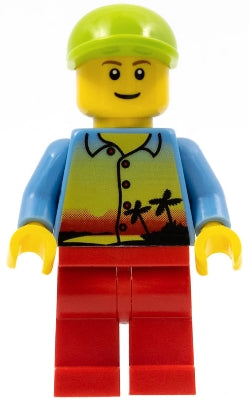 Preowned LEGO® Minifigure – Town twn118 Sunset and Palm Trees Male Red Legs Lime Short Bill