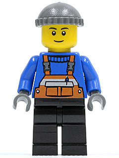 Preowned LEGO® Minifigure – Town twn123a Overalls w/Safety Stripe Orange Black Legs Dark Bl