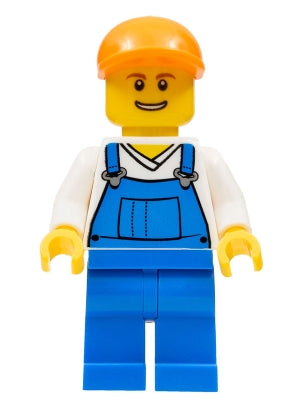 Preowned LEGO® Minifigure – Town twn153 Overalls Blue over V-Neck Shirt Blue Legs Orange Sh