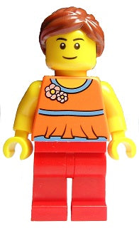 Preowned LEGO® Minifigure – Town twn172 Orange Halter Top w/Medium Blue Trim and Flowers Pa