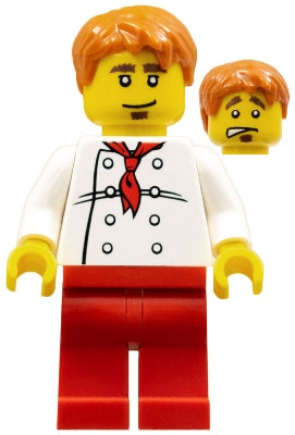 Preowned LEGO® Minifigure – Town twn187 Chef White Torso w/8 Buttons Red Legs Dark Orange S